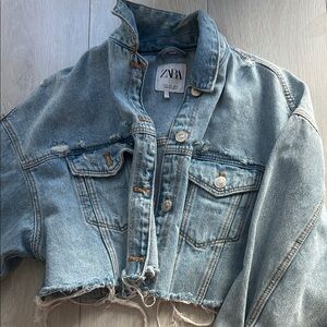 Zara Washed Blue Cropped Denim Jacket